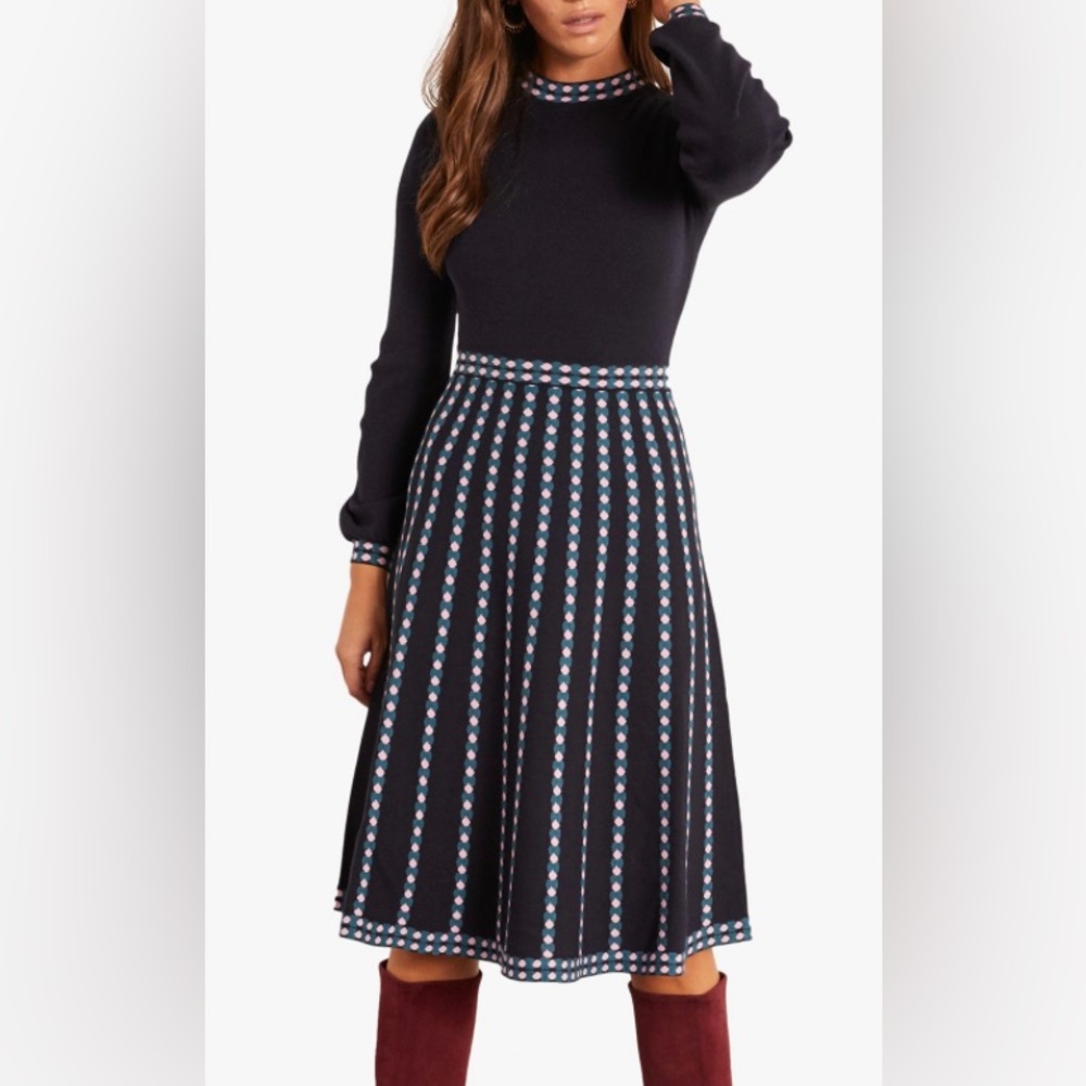 BODEN Navy Blue & White Fall Winter Stretch Sweater Knit Dress Women’s 4 S Small